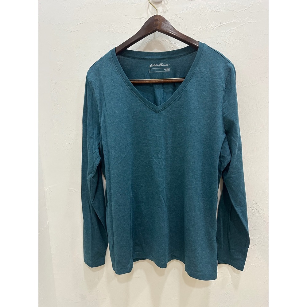 Eddie Bauer Women XXL Teal Heather Long Sleeve V-Neck Cotton Blend Tee Shirt